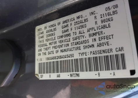 2008 Acura Tl 3.2 z USA, uszkodzony, nr VIN 19UUA662X8A045450